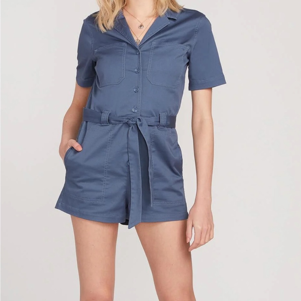 Volcom Blue Short Sleeve Button-Up Romper (shorts)